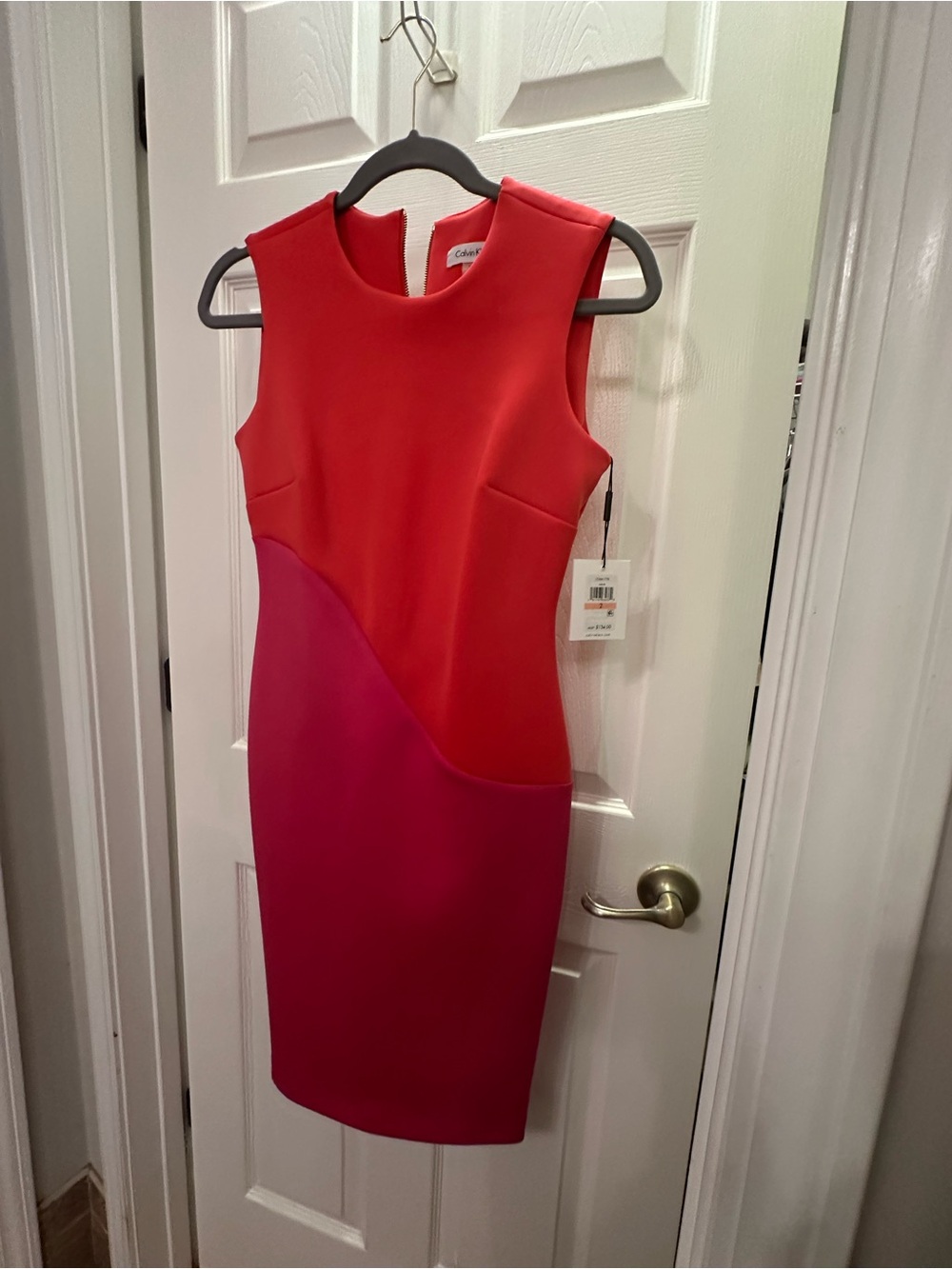 Calvin Klein Coral and Fuchsia Colorblock Midi Sheath Dress - Picture 9 of 10